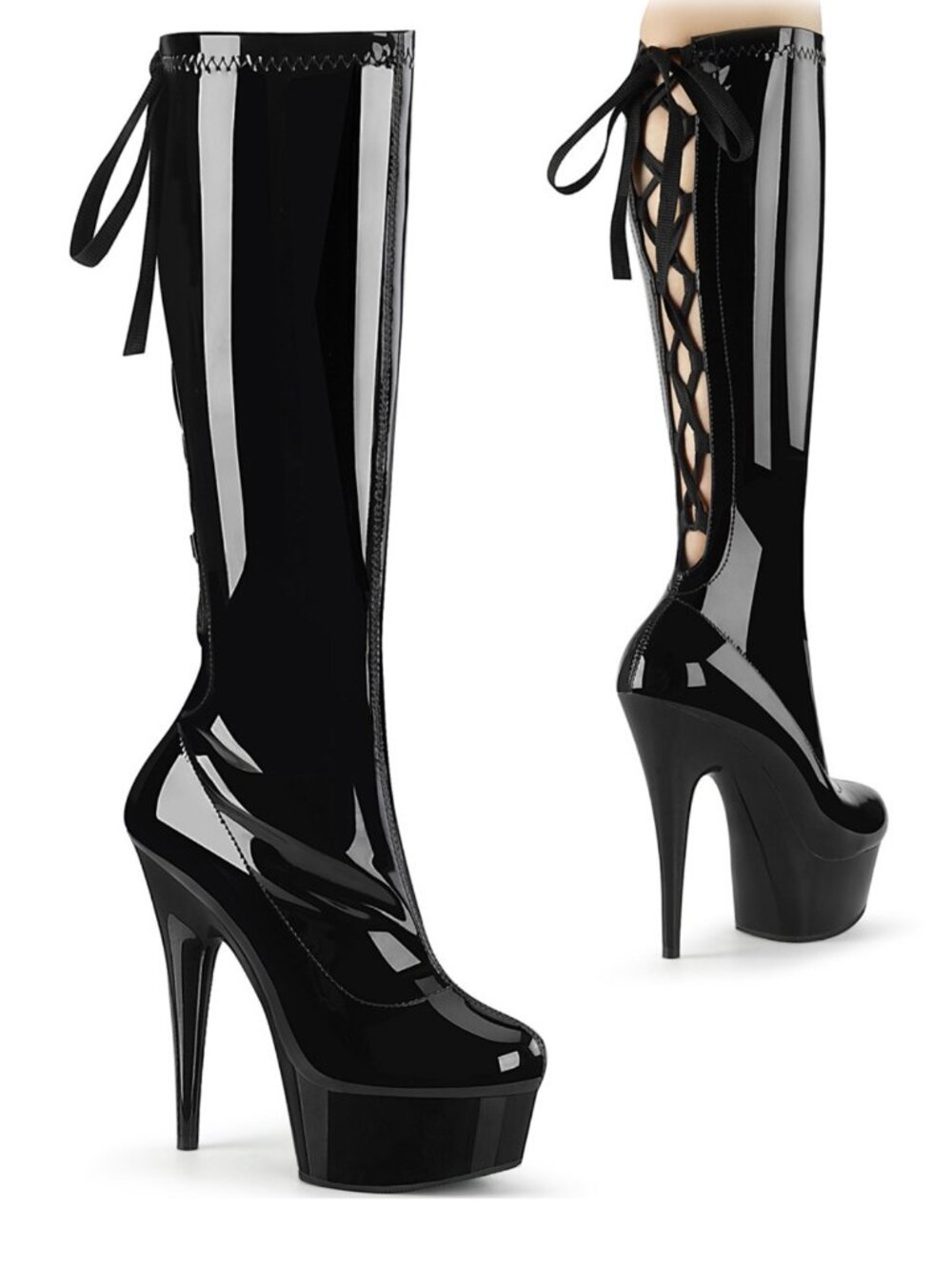 Pleaser Delight 2029 Black Platform Lace Up Knee High Boots